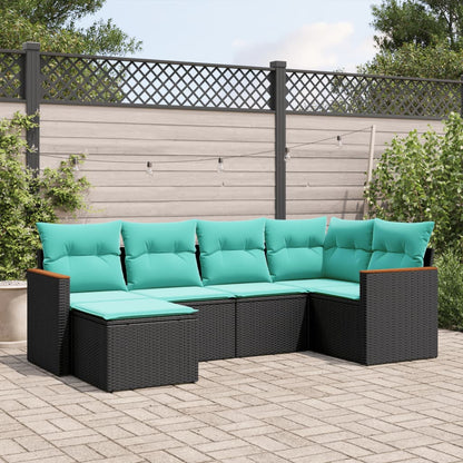 6-teiliges Gartensofa-Set mit Kissen, schwarzes Polyrattan