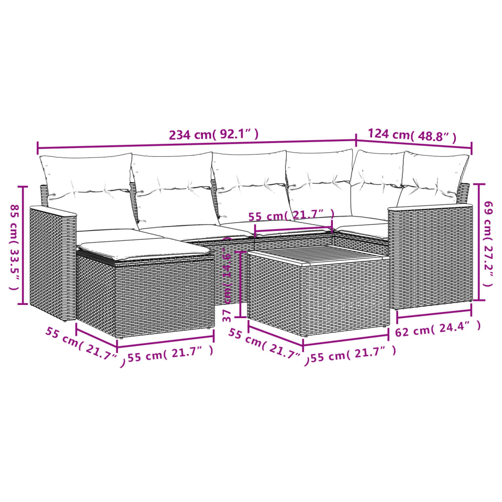 7-teiliges Gartensofa-Set mit Kissen, schwarzes Polyrattan