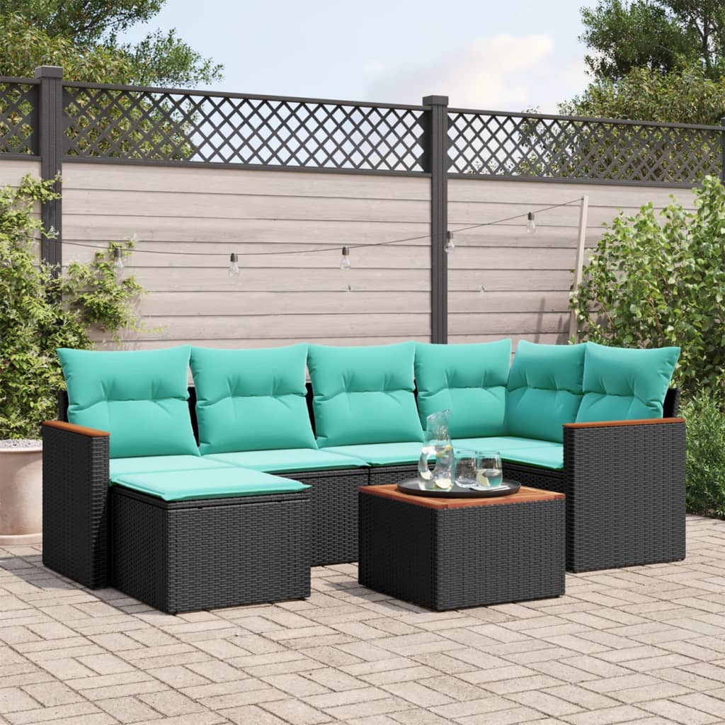 7-teiliges Gartensofa-Set mit Kissen, schwarzes Polyrattan
