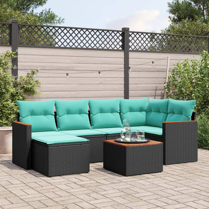 7-teiliges Gartensofa-Set mit Kissen, schwarzes Polyrattan