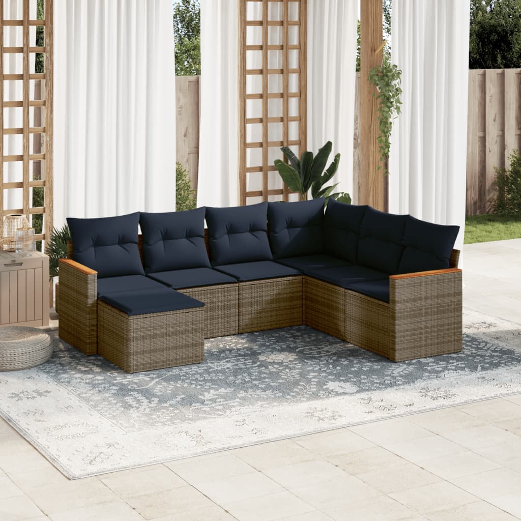 7-teiliges Gartensofa-Set mit Kissen, grau, Polyrattan