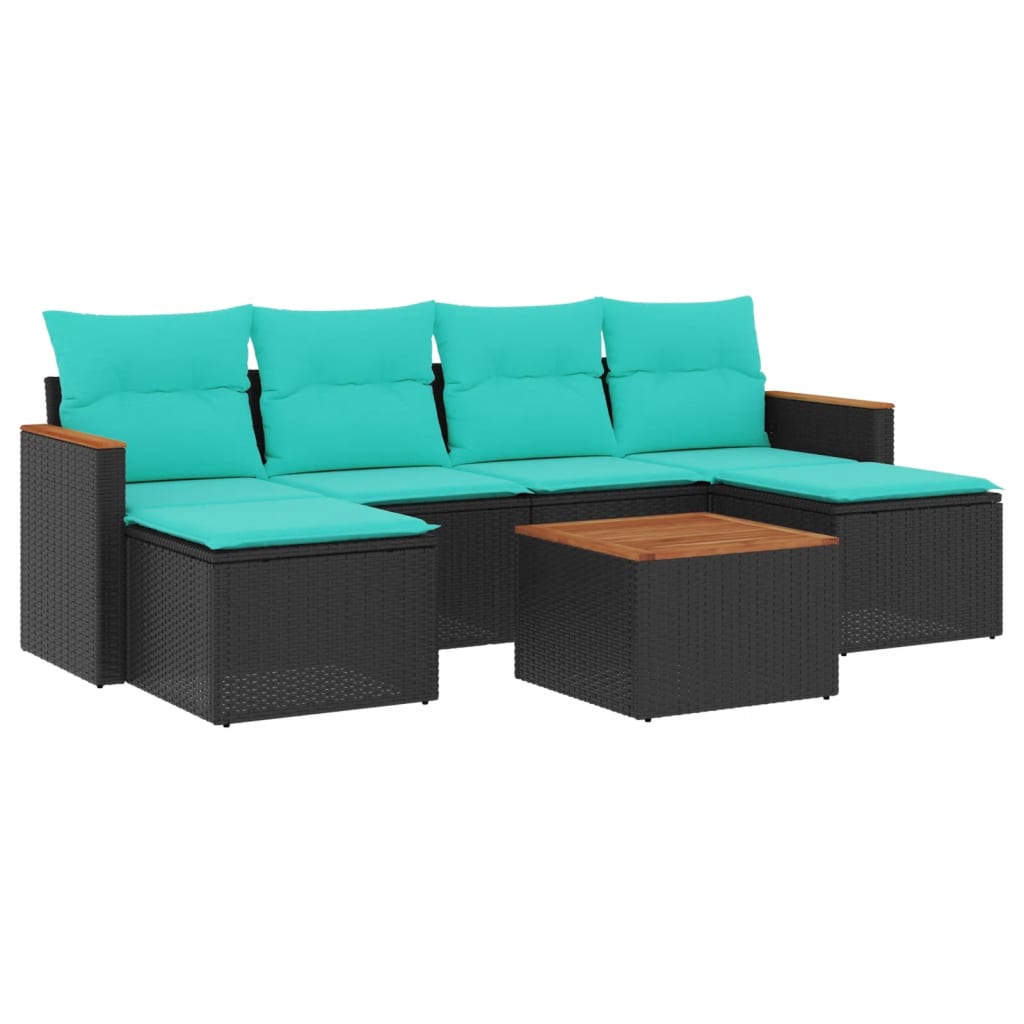 7-teiliges Gartensofa-Set mit Kissen, schwarzes Polyrattan