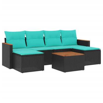 7-teiliges Gartensofa-Set mit Kissen, schwarzes Polyrattan