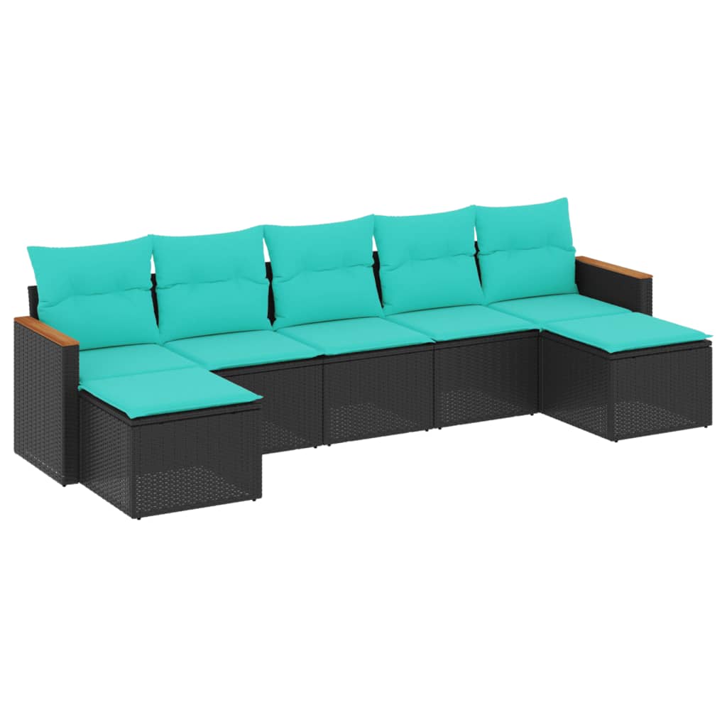 7-teiliges Gartensofa-Set mit Kissen, schwarzes Polyrattan
