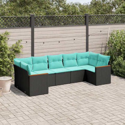 7-teiliges Gartensofa-Set mit Kissen, schwarzes Polyrattan