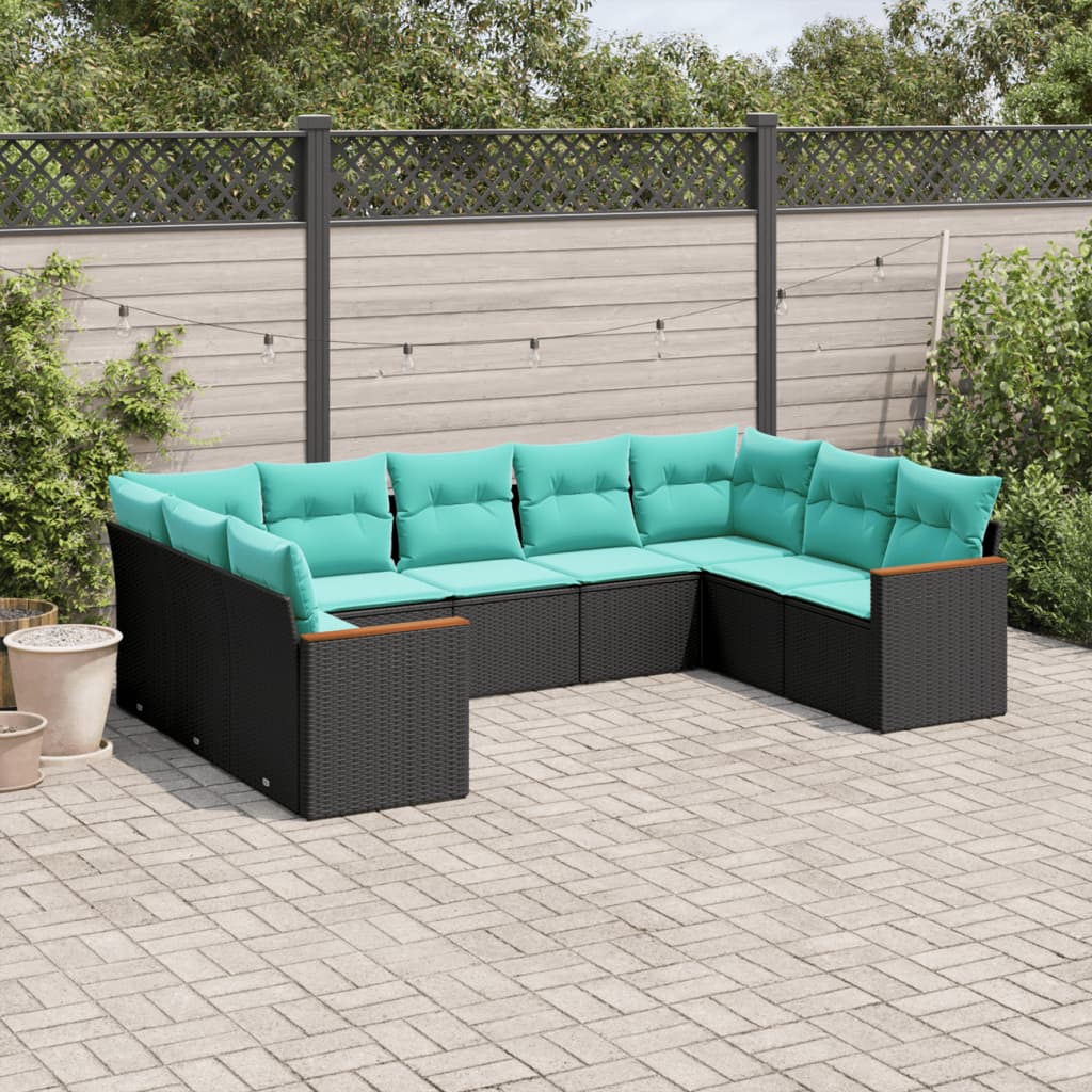 9-teiliges Gartensofa-Set mit Kissen, schwarzes Polyrattan