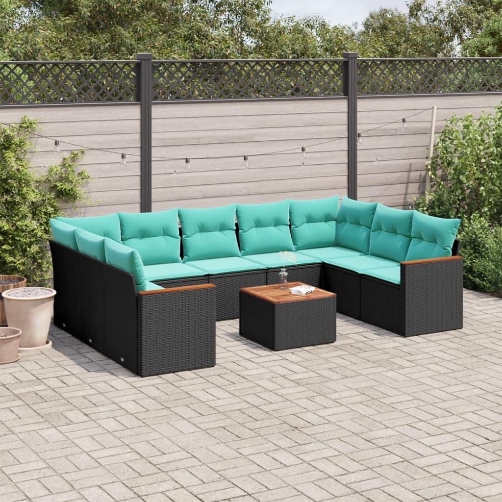 10-teiliges Gartensofa-Set mit Kissen, schwarzes Polyrattan