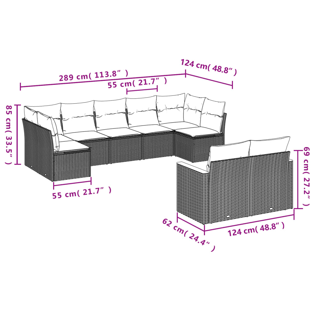 9-teiliges Gartensofa-Set mit Kissen, schwarzes Polyrattan