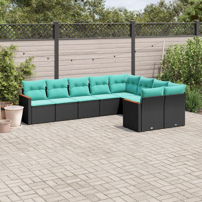 9-teiliges Gartensofa-Set mit Kissen, schwarzes Polyrattan