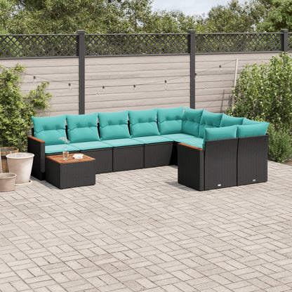 10-teiliges Gartensofa-Set mit Kissen, schwarzes Polyrattan