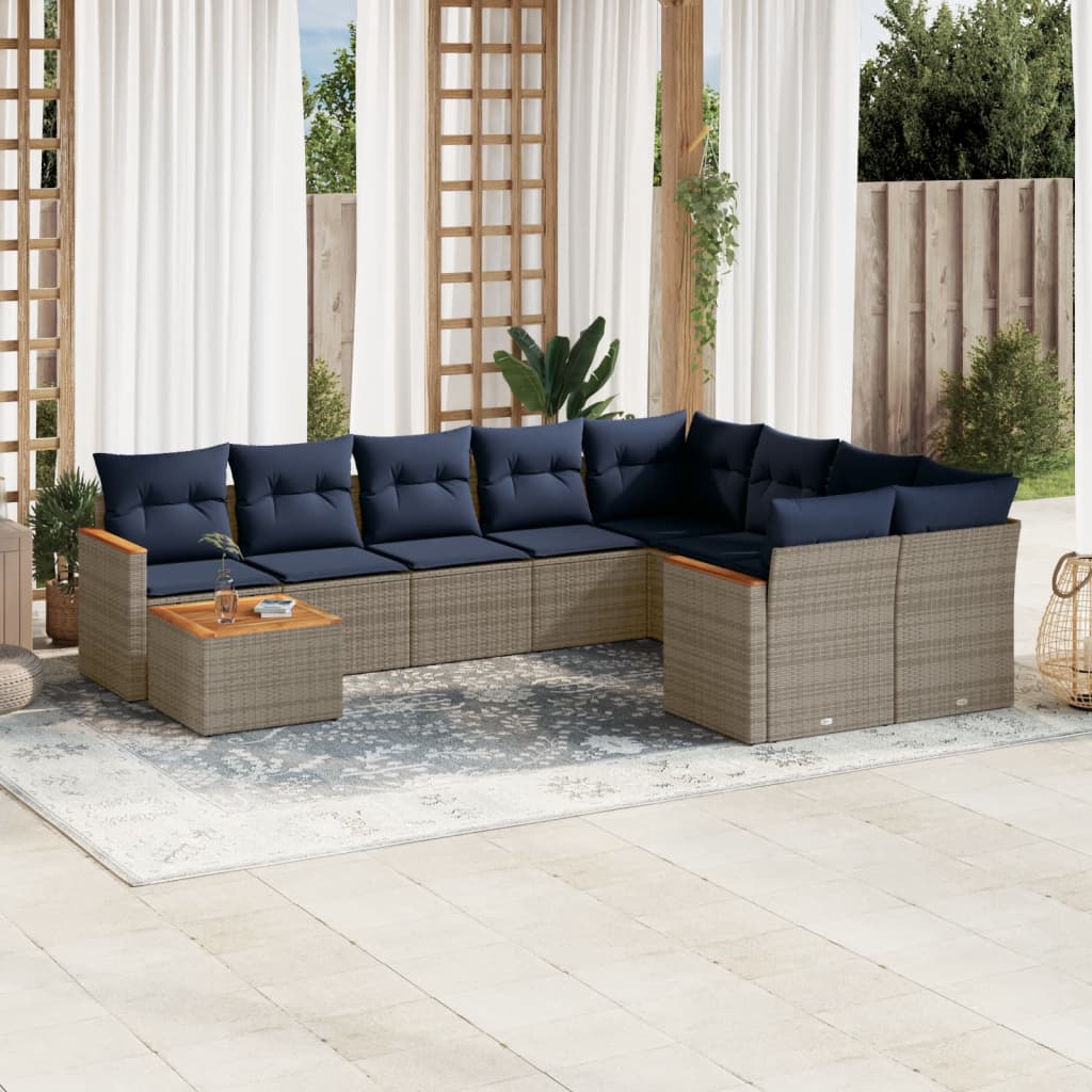 10-teiliges Gartensofa-Set mit Kissen, grau, Polyrattan