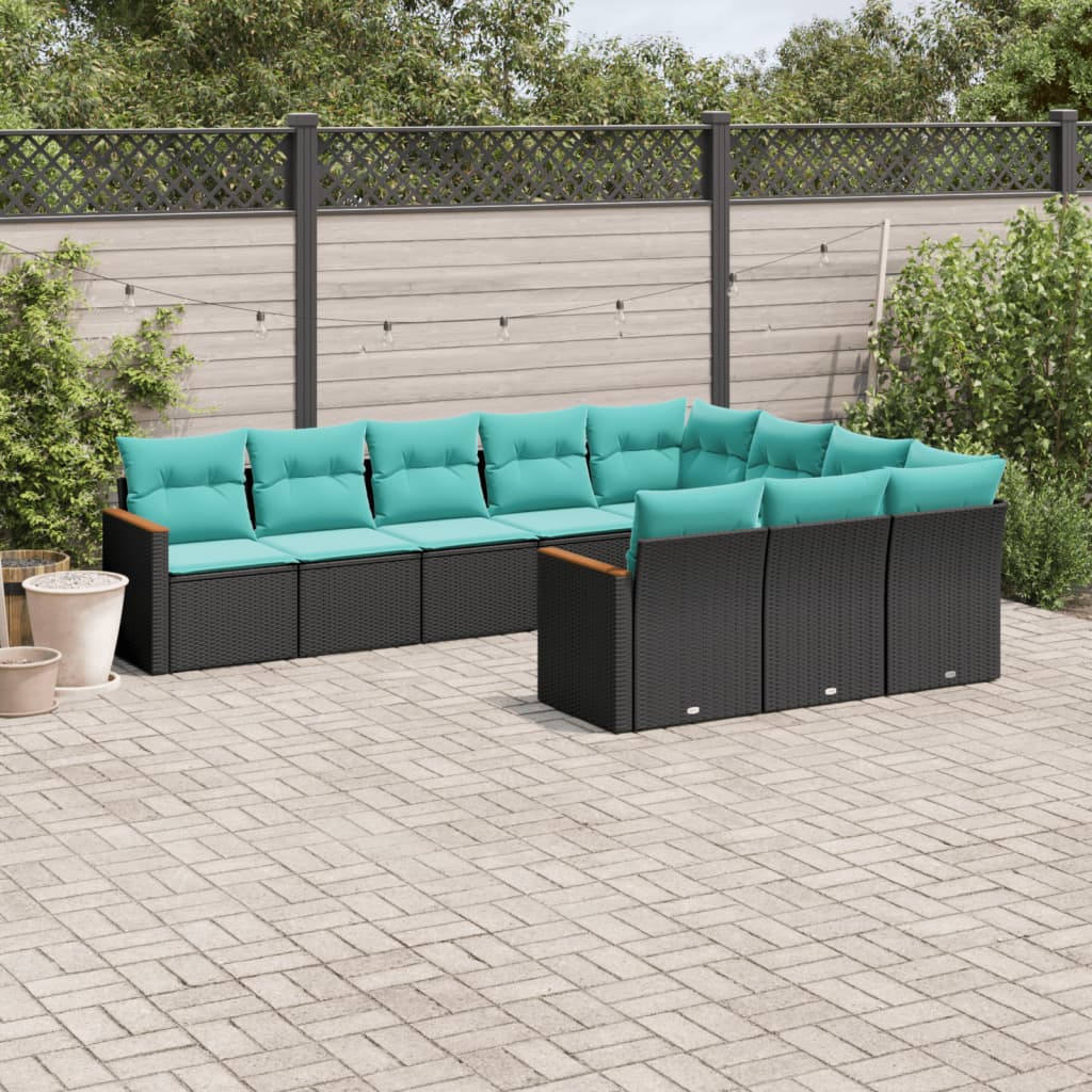 10-teiliges Gartensofa-Set mit Kissen, schwarzes Polyrattan