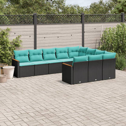 10-teiliges Gartensofa-Set mit Kissen, schwarzes Polyrattan