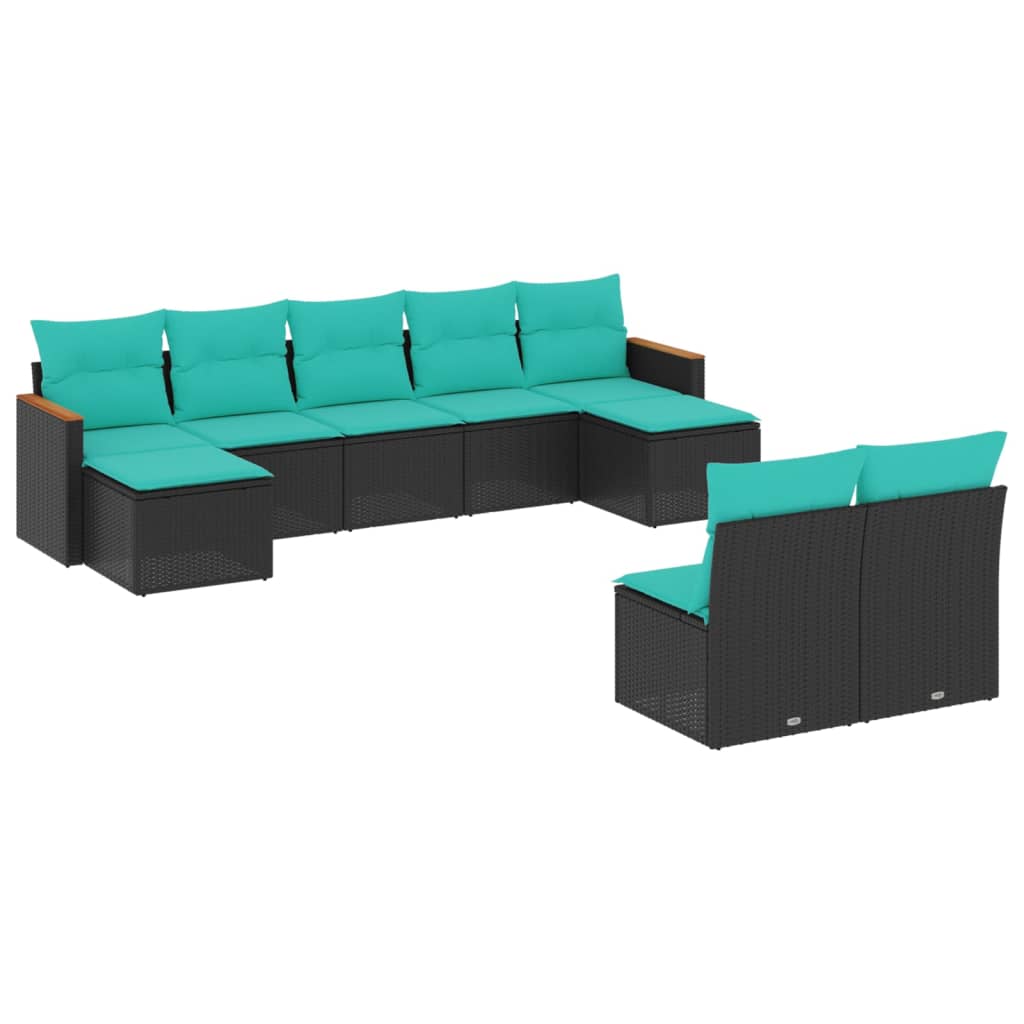 9-teiliges Gartensofa-Set mit Kissen, schwarzes Polyrattan