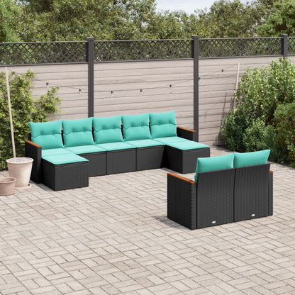 9-teiliges Gartensofa-Set mit Kissen, schwarzes Polyrattan