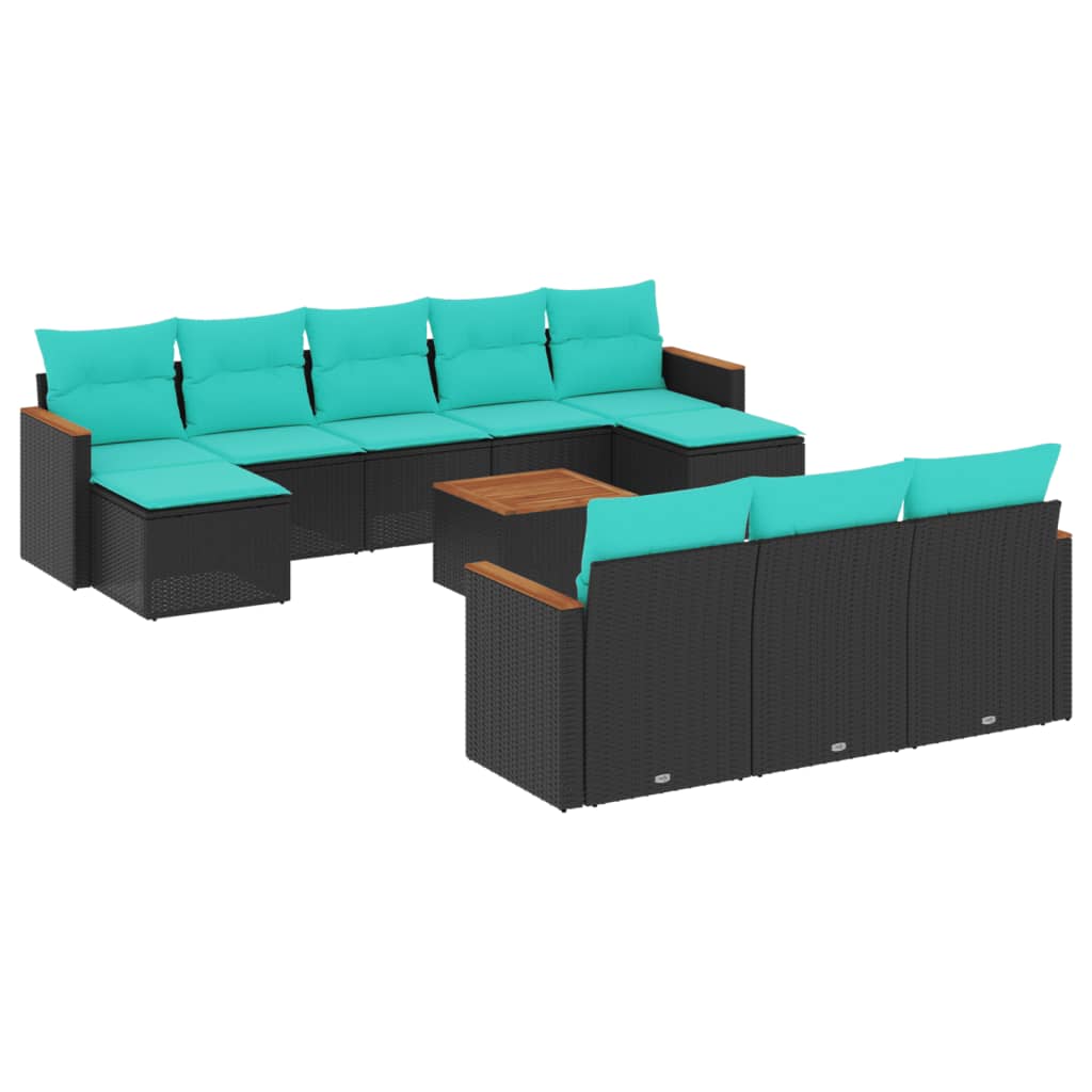 11-teiliges Gartensofa-Set mit Kissen, schwarzes Polyrattan
