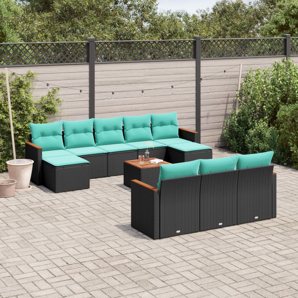 11-teiliges Gartensofa-Set mit Kissen, schwarzes Polyrattan