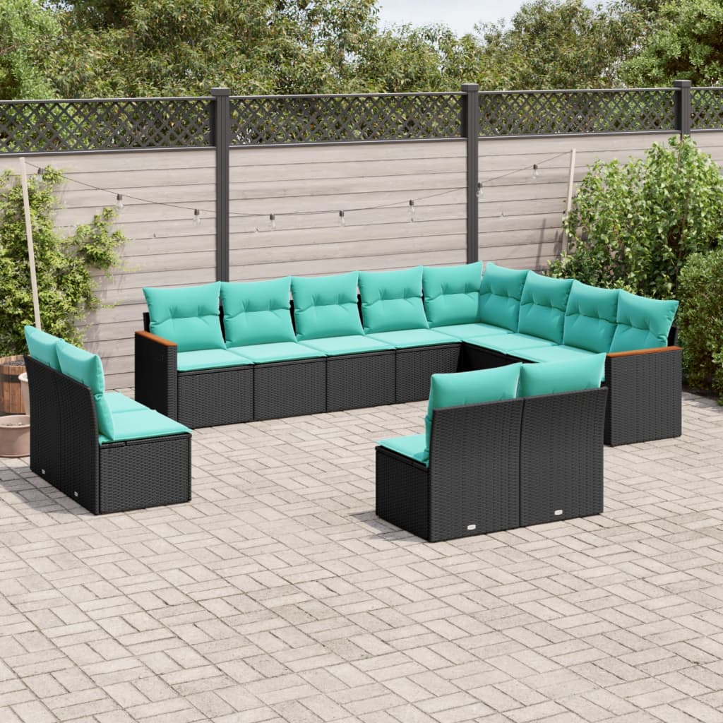 12-teiliges Gartensofa-Set mit Kissen, schwarzes Polyrattan