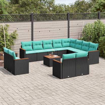 13-teiliges Gartensofa-Set mit Kissen, schwarzes Polyrattan