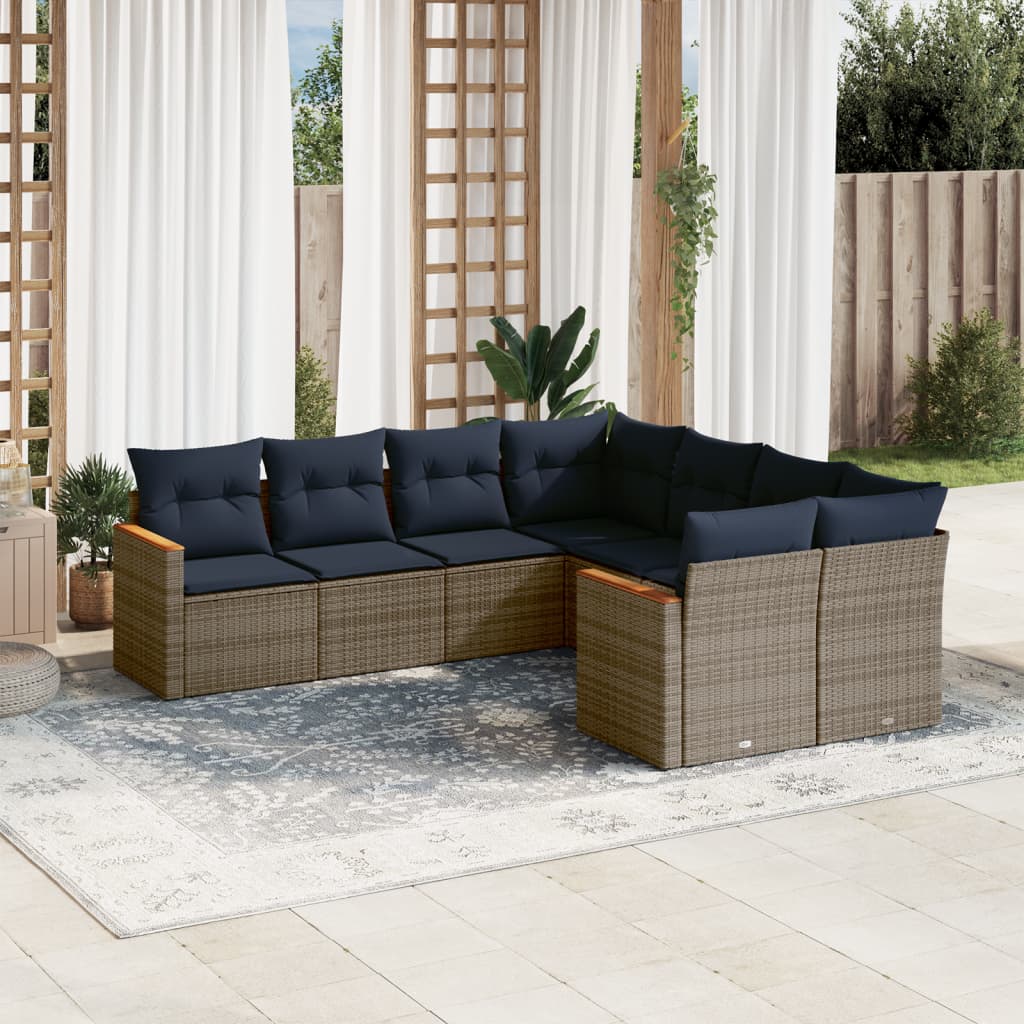8-teiliges Gartensofa-Set mit Kissen, grau, Polyrattan
