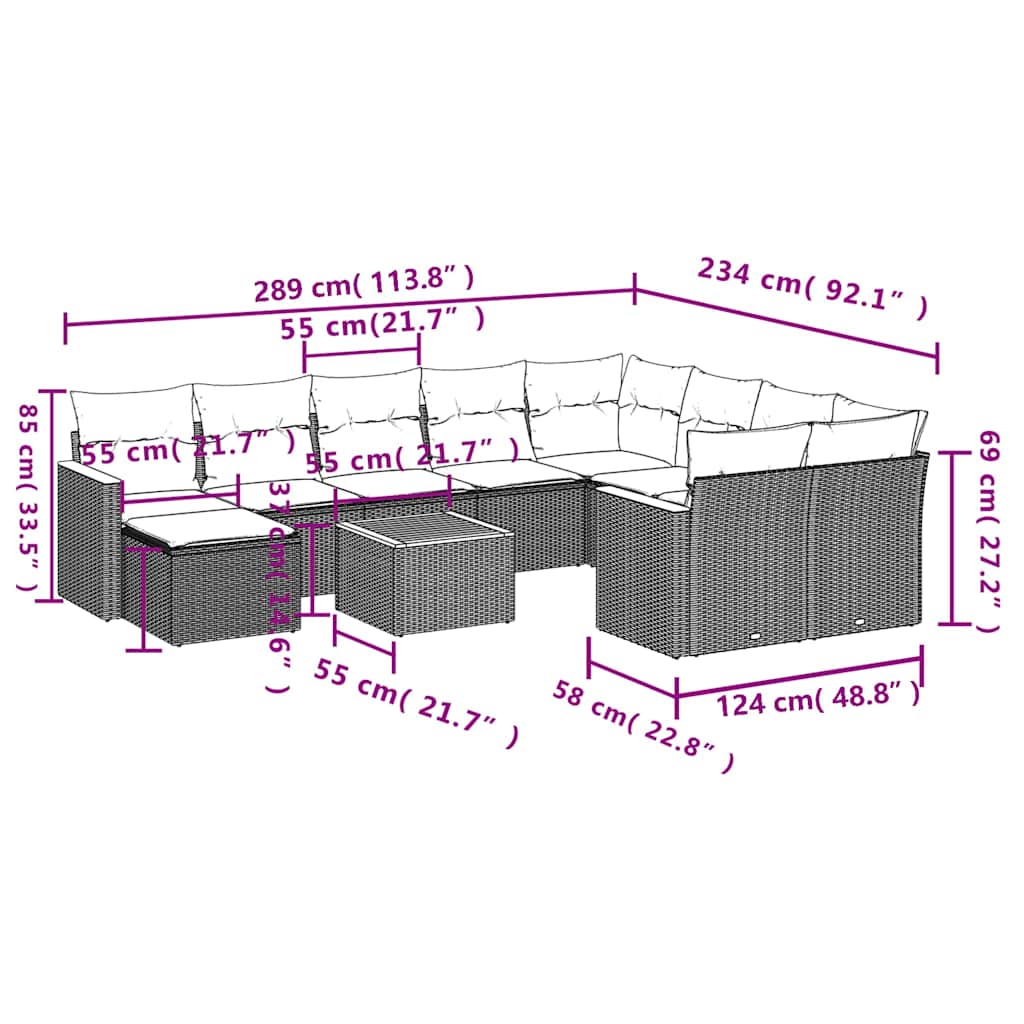 11-tlg. Garten-Sofagarnitur mit Kissen Schwarz Poly Rattan