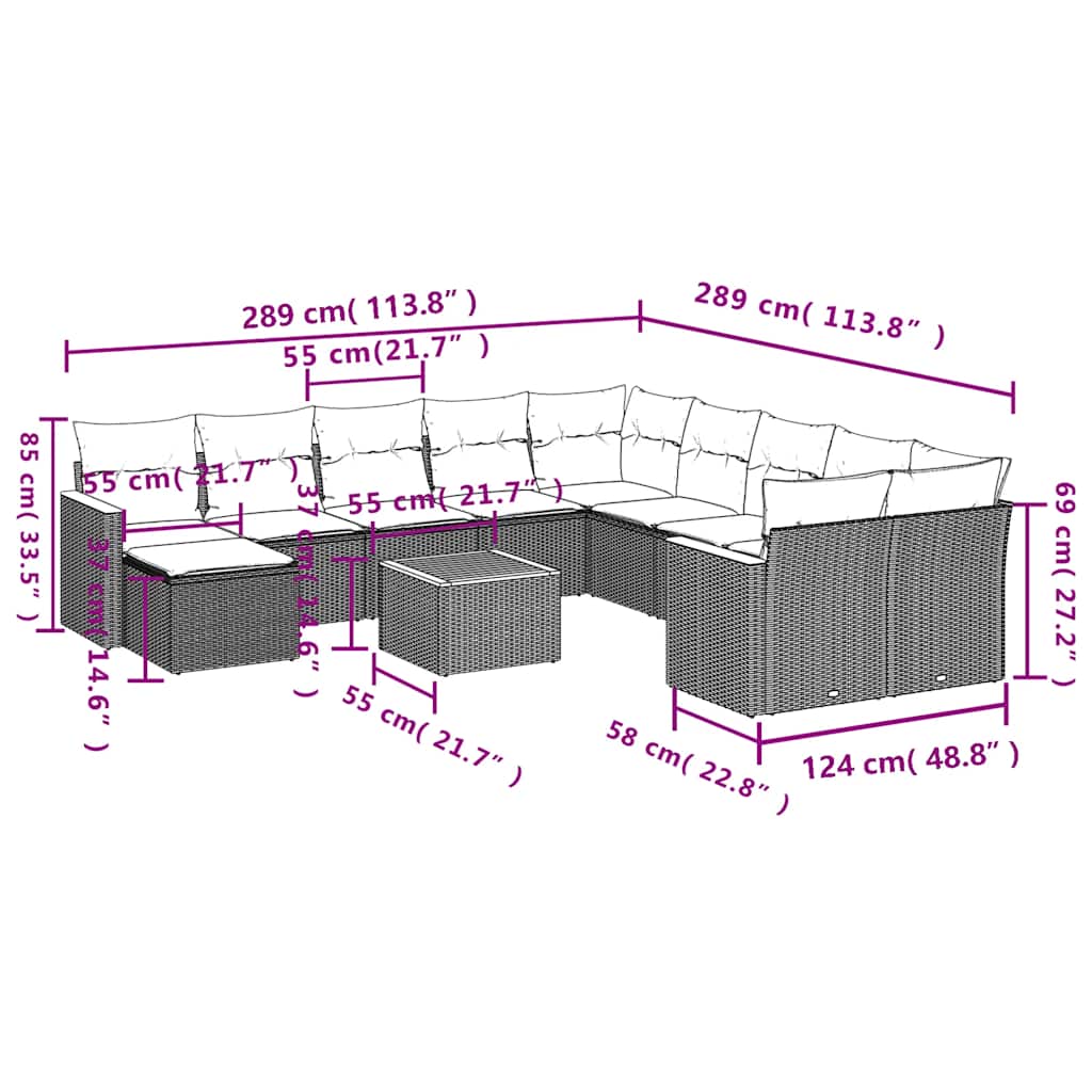 12-tlg. Garten-Sofagarnitur mit Kissen Beige Poly Rattan