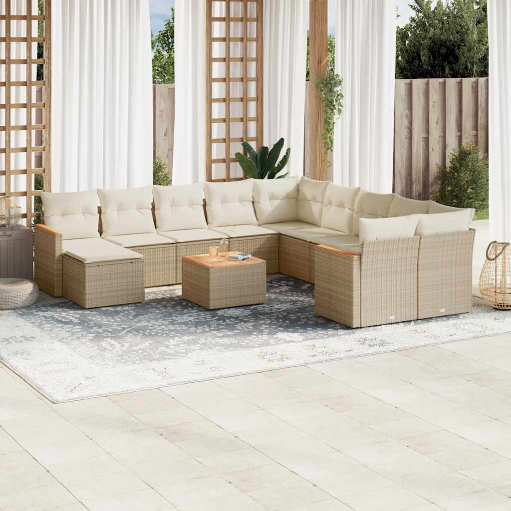 12-tlg. Garten-Sofagarnitur mit Kissen Beige Poly Rattan