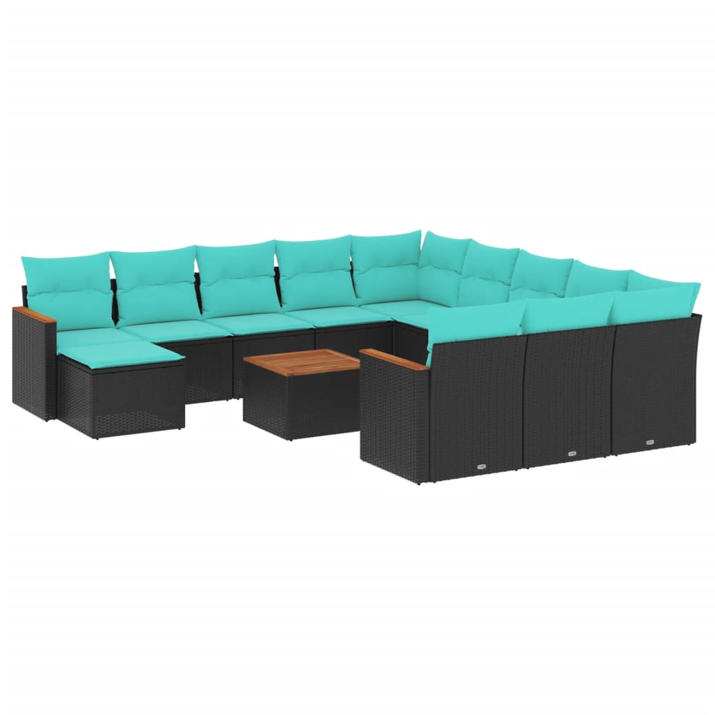13-teiliges Gartensofa-Set mit Kissen, schwarzes Polyrattan