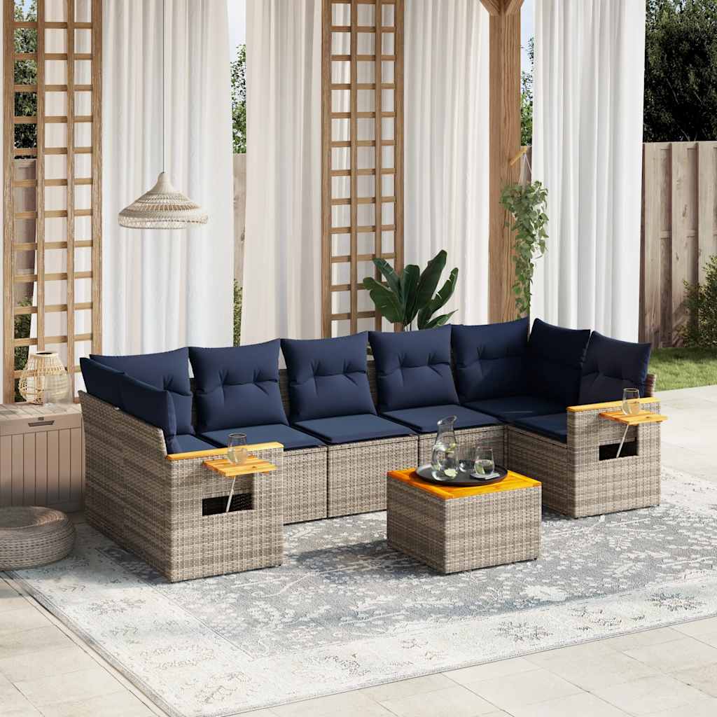 8-tlg. Garten-Sofagarnitur mit Kissen Grau Poly Rattan