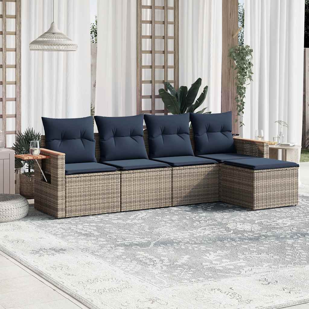 5-tlg. Garten-Sofagarnitur mit Kissen Grau Poly Rattan