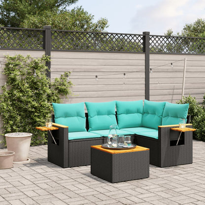 5-tlg. Garten-Sofagarnitur mit Kissen Schwarz Poly Rattan