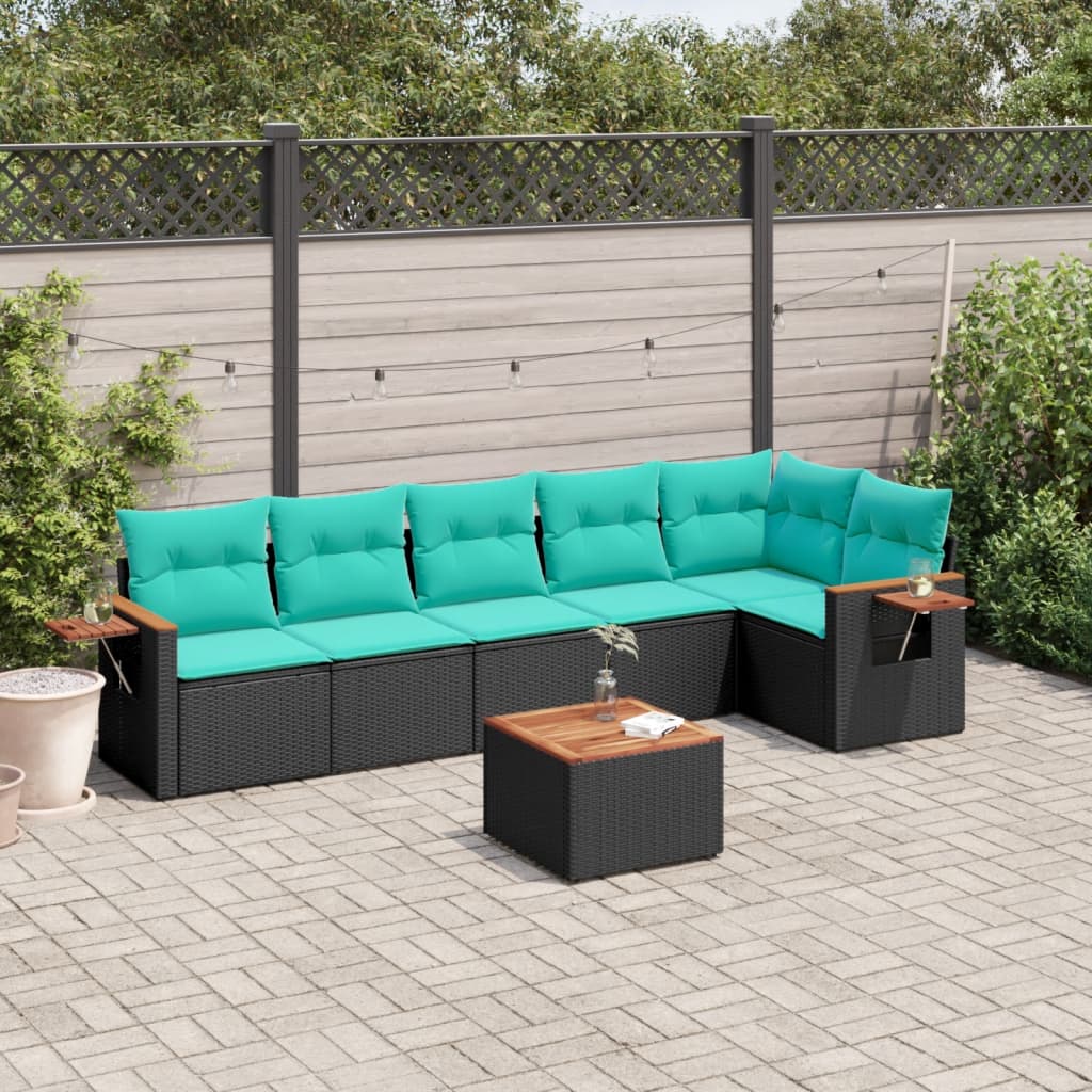 7-tlg. Garten-Sofagarnitur mit Kissen Schwarz Poly Rattan