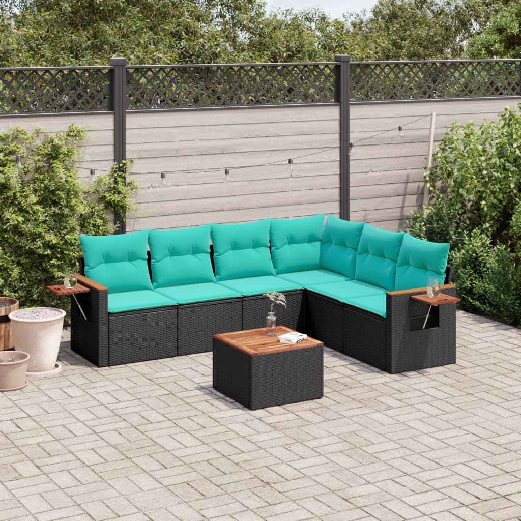 7-tlg. Garten-Sofagarnitur mit Kissen Schwarz Poly Rattan
