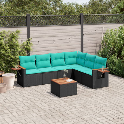 7-tlg. Garten-Sofagarnitur mit Kissen Schwarz Poly Rattan