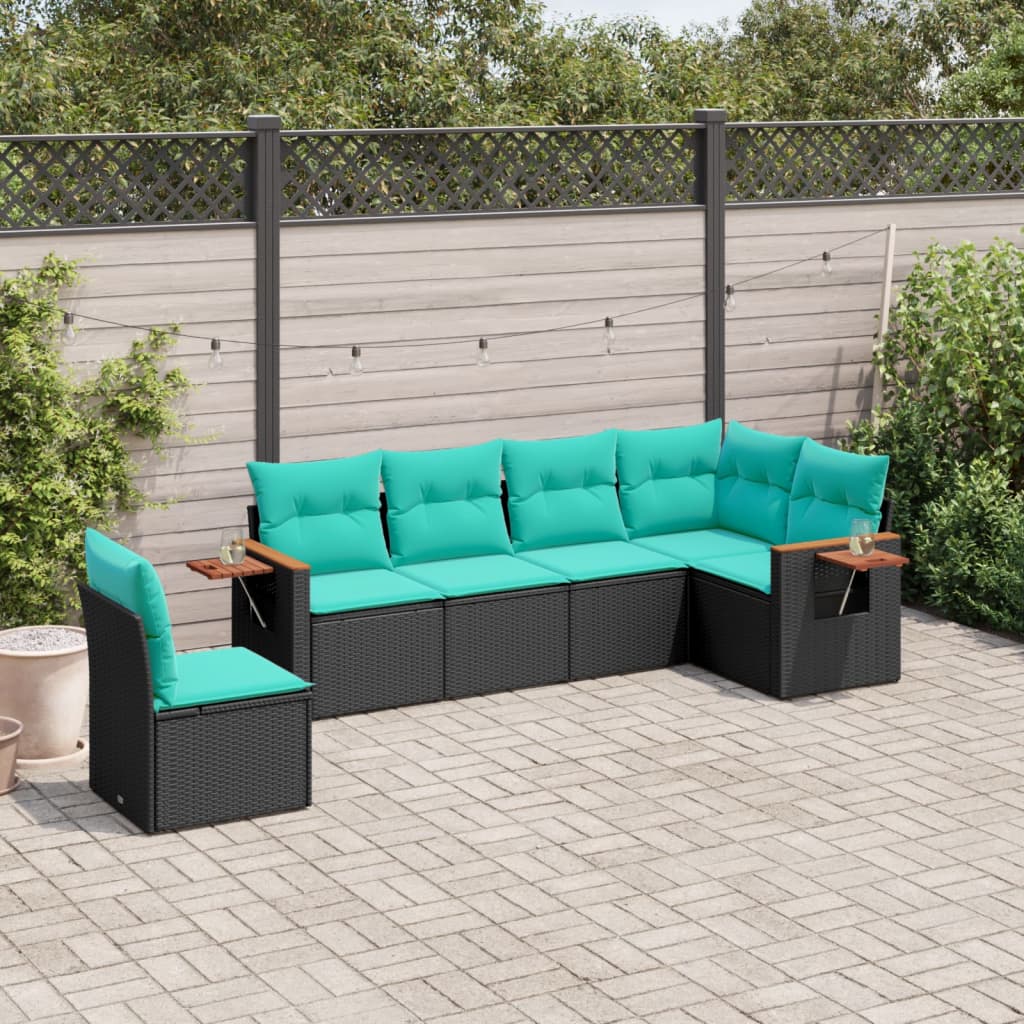 6-tlg. Garten-Sofagarnitur mit Kissen Schwarz Poly Rattan