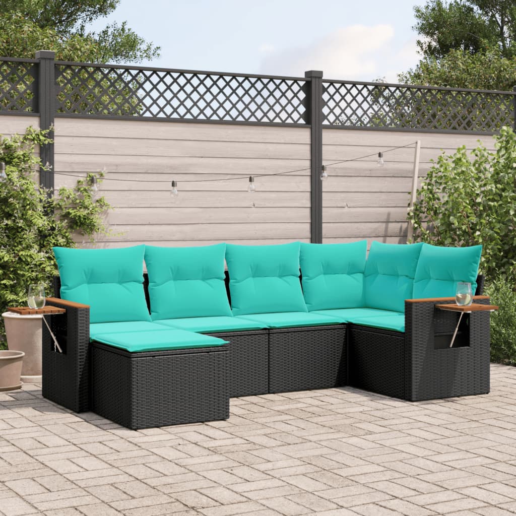6-tlg. Garten-Sofagarnitur mit Kissen Schwarz Poly Rattan