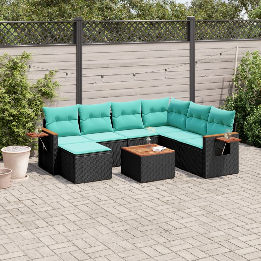 8-tlg. Garten-Sofagarnitur mit Kissen Schwarz Poly Rattan