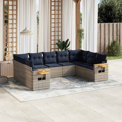 9-tlg. Garten-Sofagarnitur mit Kissen Grau Poly Rattan