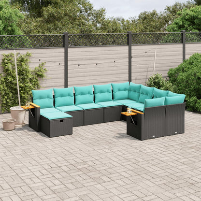 10-tlg. Garten-Sofagarnitur mit Kissen Schwarz Poly Rattan