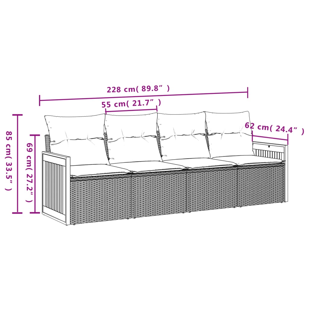 4-teiliges Gartensofa-Set mit Kissen, schwarzes Polyrattan