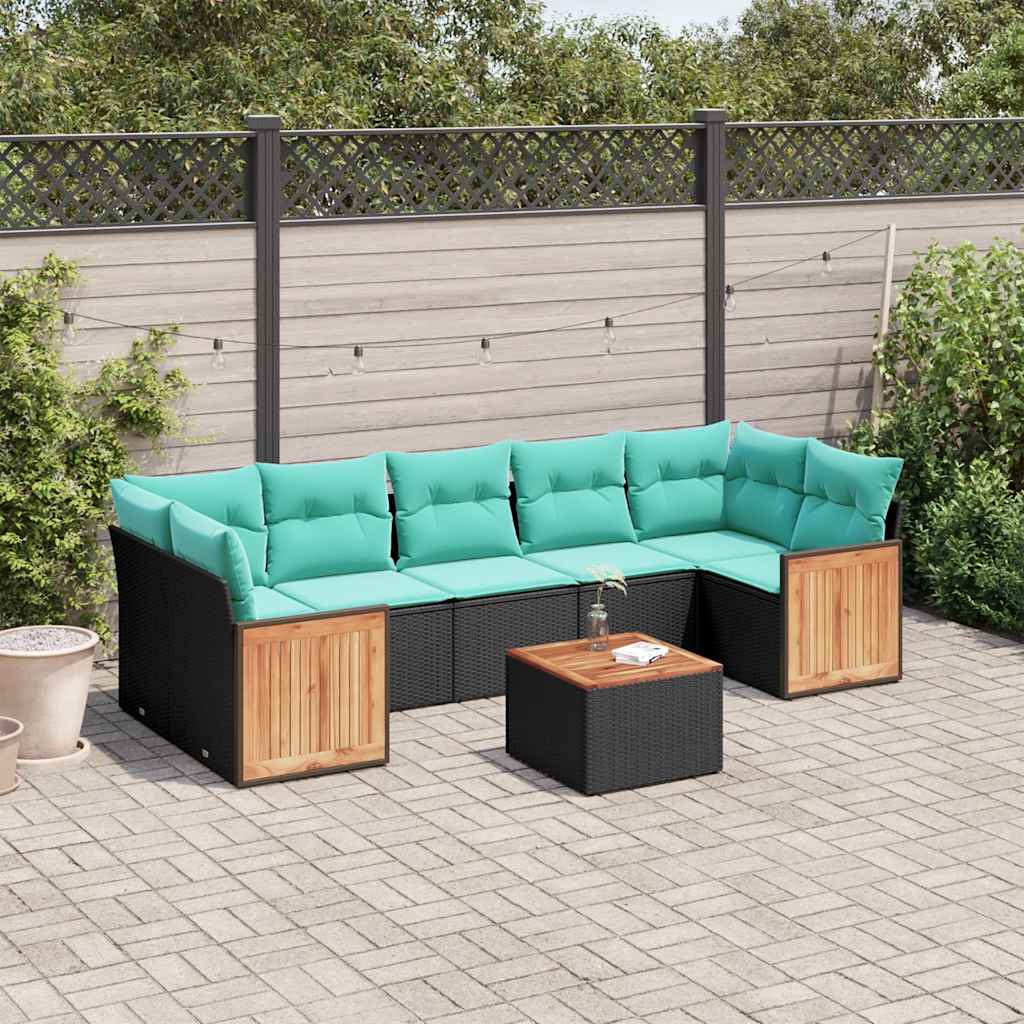 8-teiliges Gartensofa-Set mit Kissen, schwarzes Polyrattan