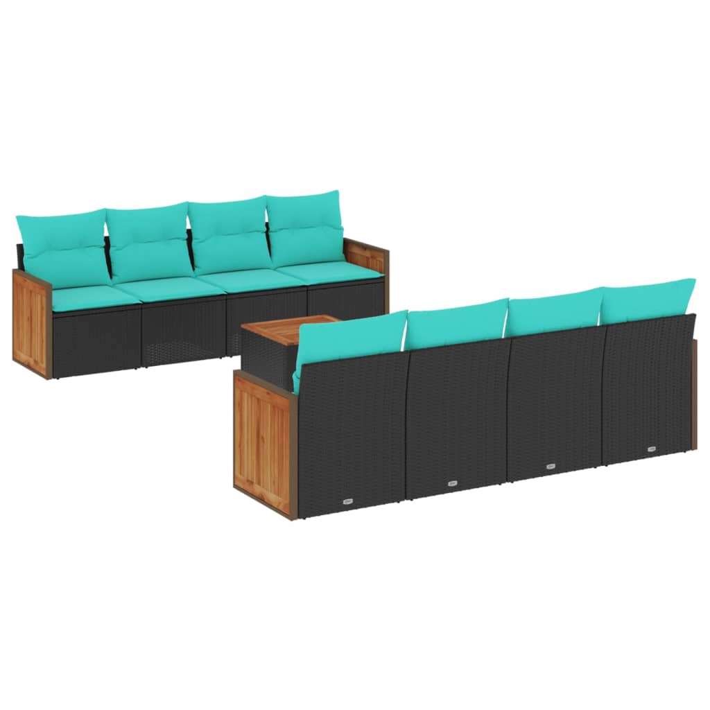 9-teiliges Gartensofa-Set mit Kissen, schwarzes Polyrattan