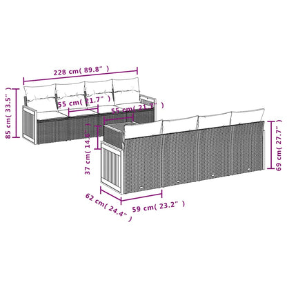 9-teiliges Gartensofa-Set mit Kissen, grau, Polyrattan