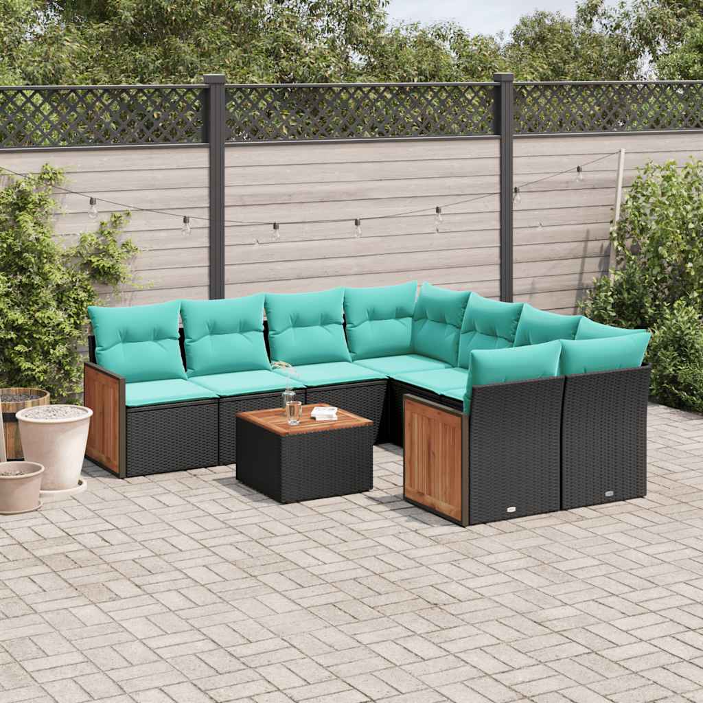 9-teiliges Gartensofa-Set mit Kissen, schwarzes Polyrattan