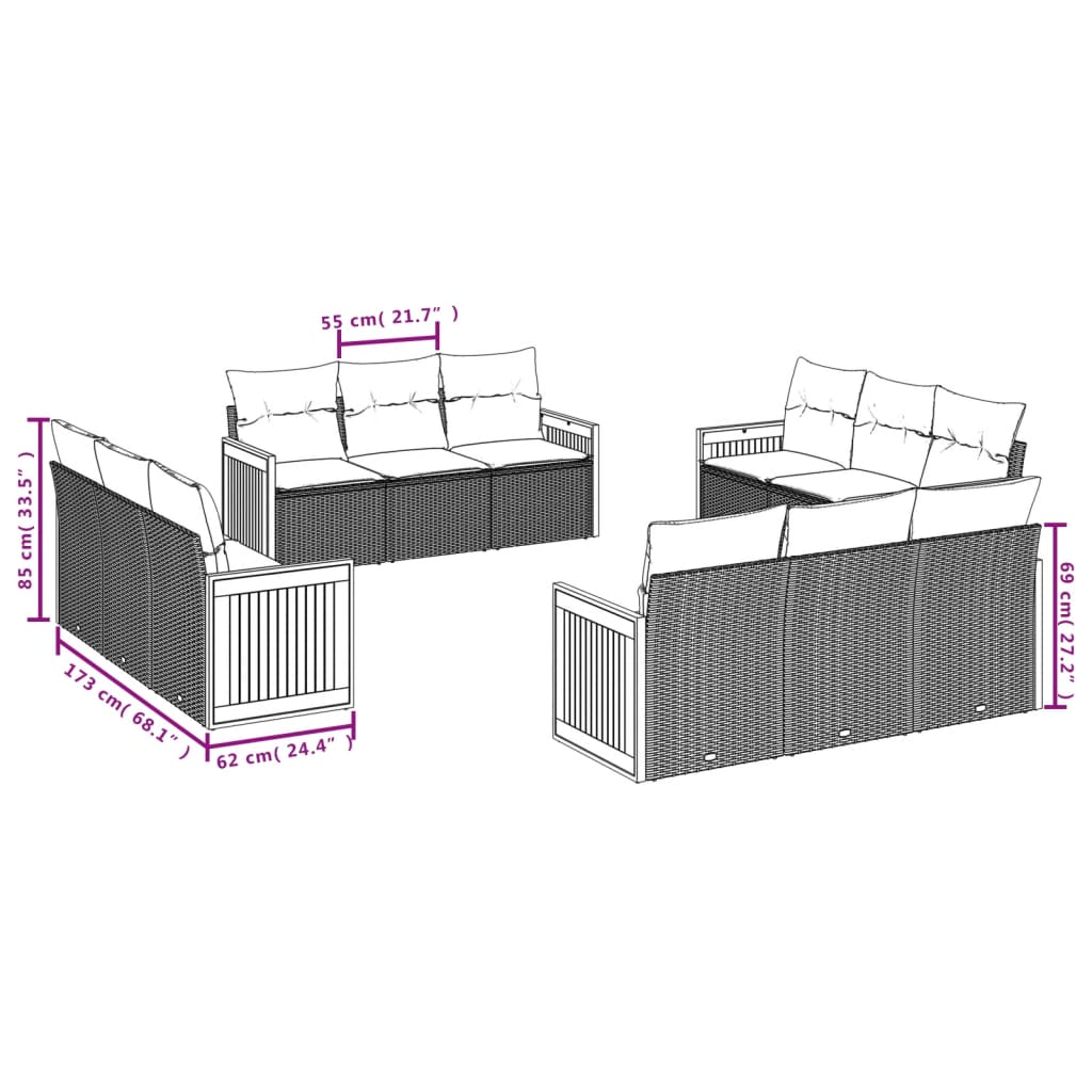 12-teiliges Gartensofa-Set mit Kissen, grau, Polyrattan