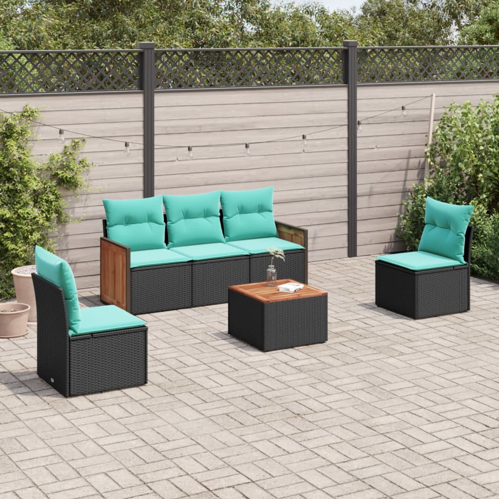 6-teiliges Gartensofa-Set mit Kissen, schwarzes Polyrattan