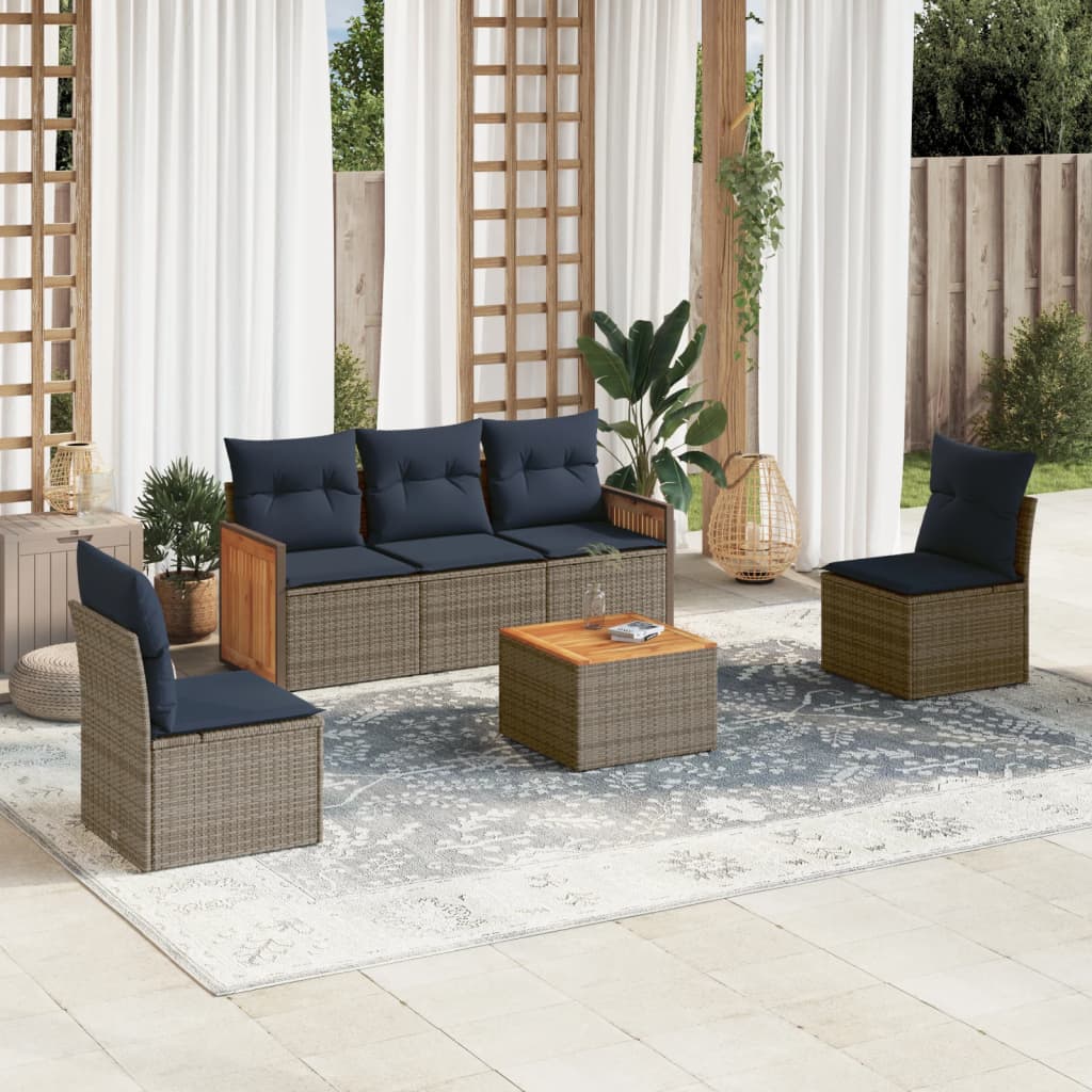 6-teiliges Gartensofa-Set mit Kissen, grau, Polyrattan