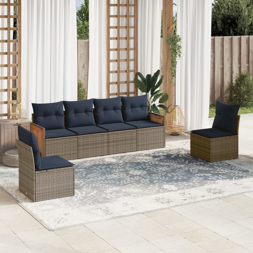 6-teiliges Gartensofa-Set mit Kissen, grau, Polyrattan