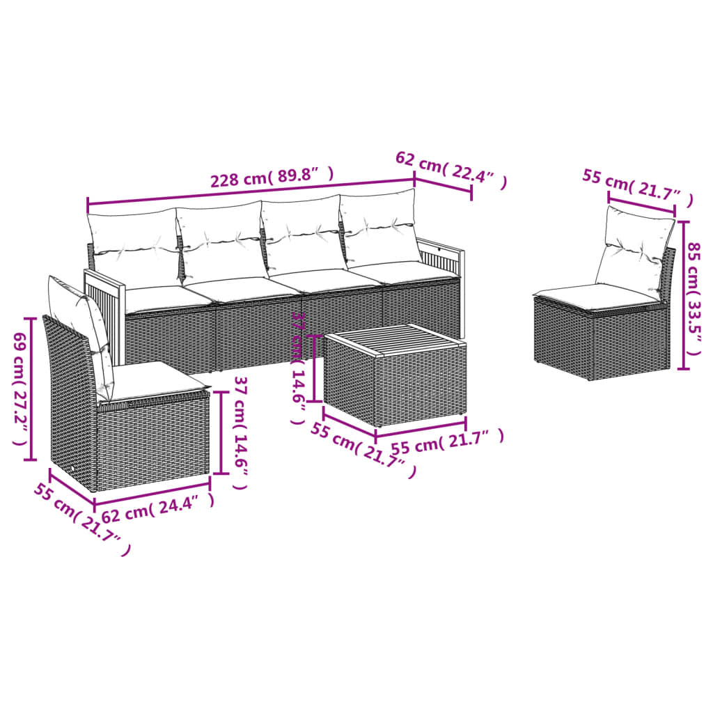 7-teiliges Gartensofa-Set mit Kissen, grau, Polyrattan
