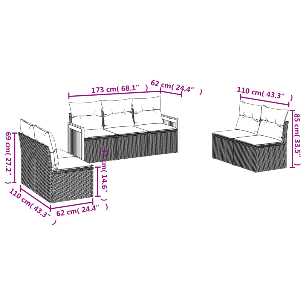 7-teiliges Gartensofa-Set mit Kissen, schwarzes Polyrattan